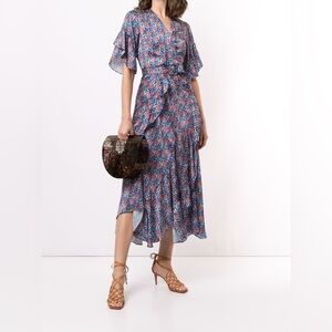 ALEXIS Women’s Alleria Floral Print Dress Blue Size L Ruffle Detail Midi